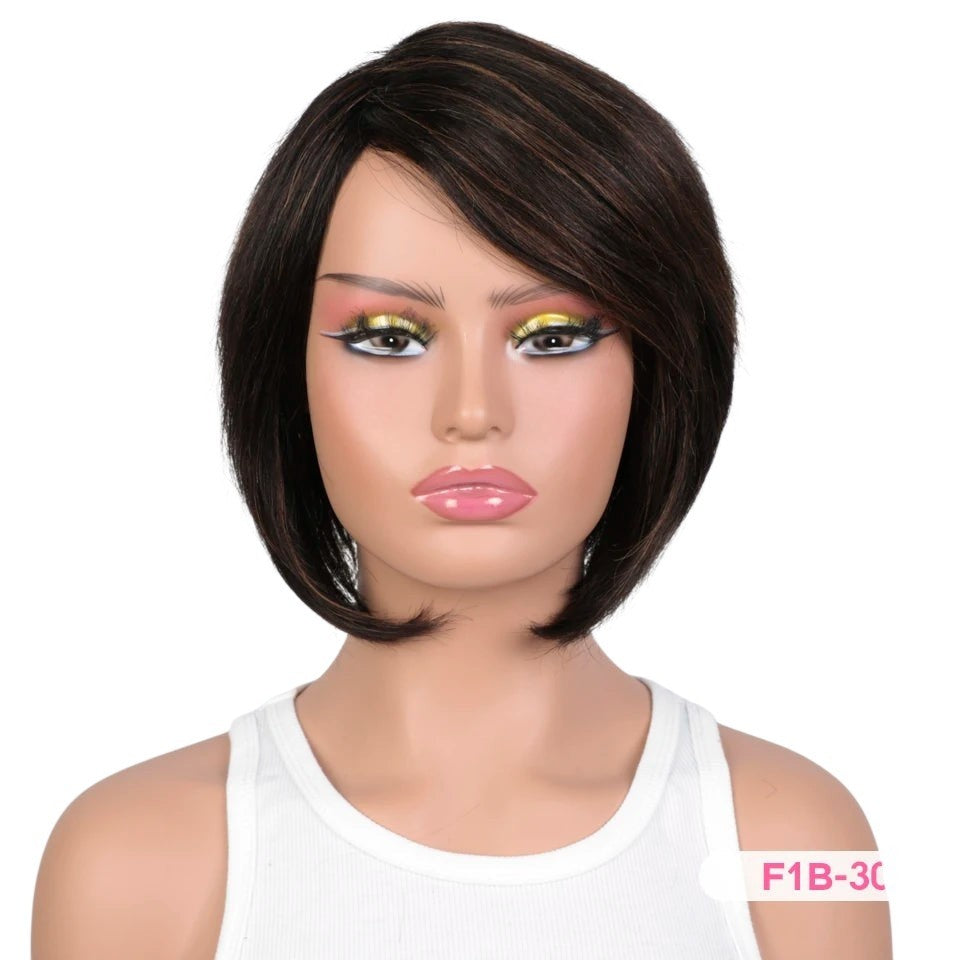 RitzWigs short straight bob human hair wig with side-swept bangs in a dark brown colour on a mannequin head.