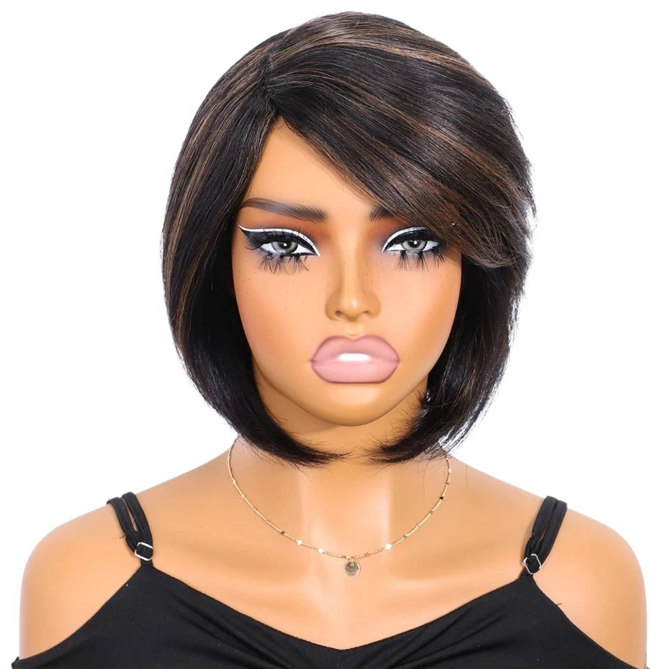 RitzWigs short straight Brazilian human hair bob wig with side-swept bangs and subtle brown highlights on a mannequin