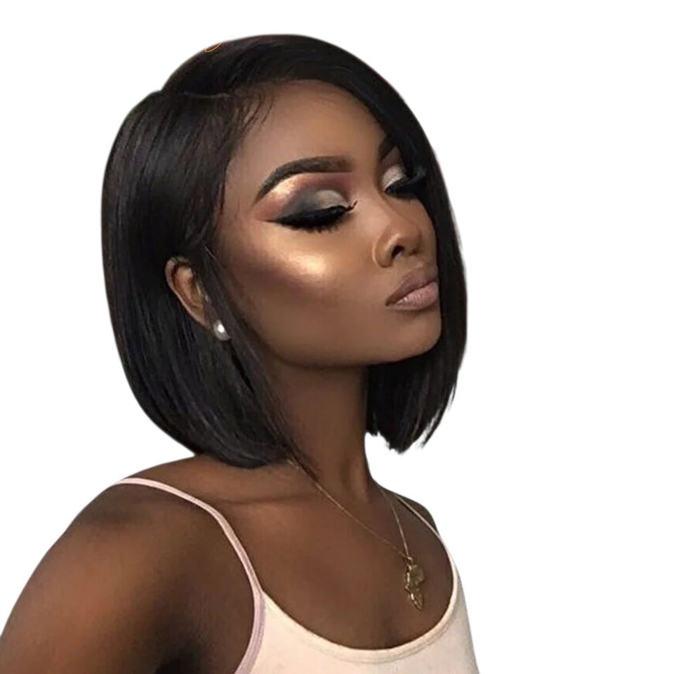 RitzWigs short straight bob human hair wig with a side part on a model with glowing makeup