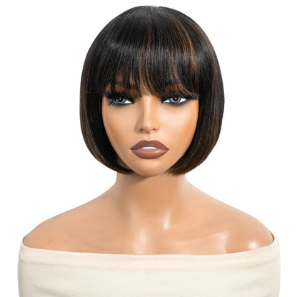 RitzWigs short straight bob wig with bangs in 1B/30 mixed colour human hair on a mannequin head