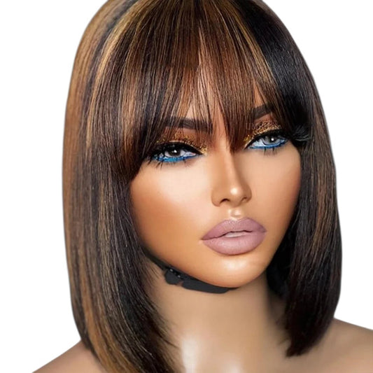 RitzWigs short straight bob human hair wig with bangs in natural brown and highlighted tones on a mannequin head