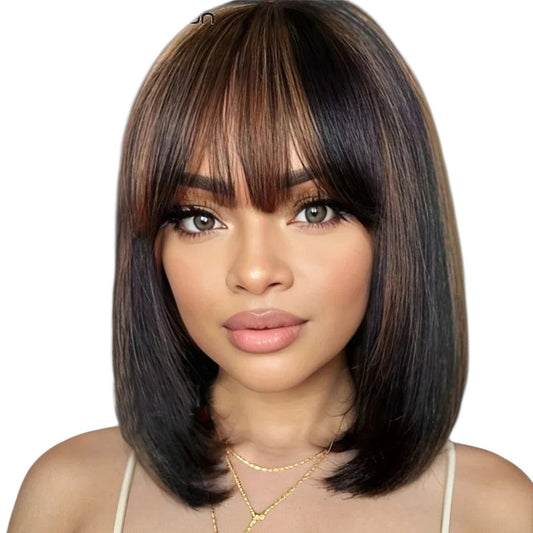 RitzWigs short straight bob human hair wig with bangs and subtle brown highlights on a model