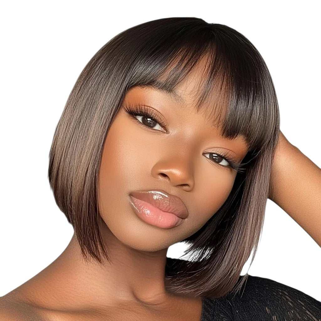 RitzWigs Rebecca Youth short straight human hair bob wig with bangs on a model with a natural look