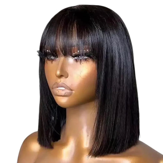 RitzWigs short straight black human hair bob wig with bangs on a mannequin head