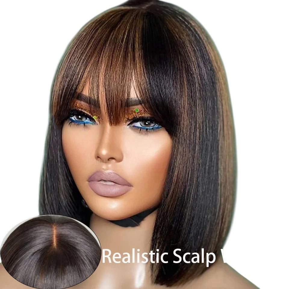 RitzWigs short straight bob human hair wig with bangs and realistic scalp feature on a mannequin head