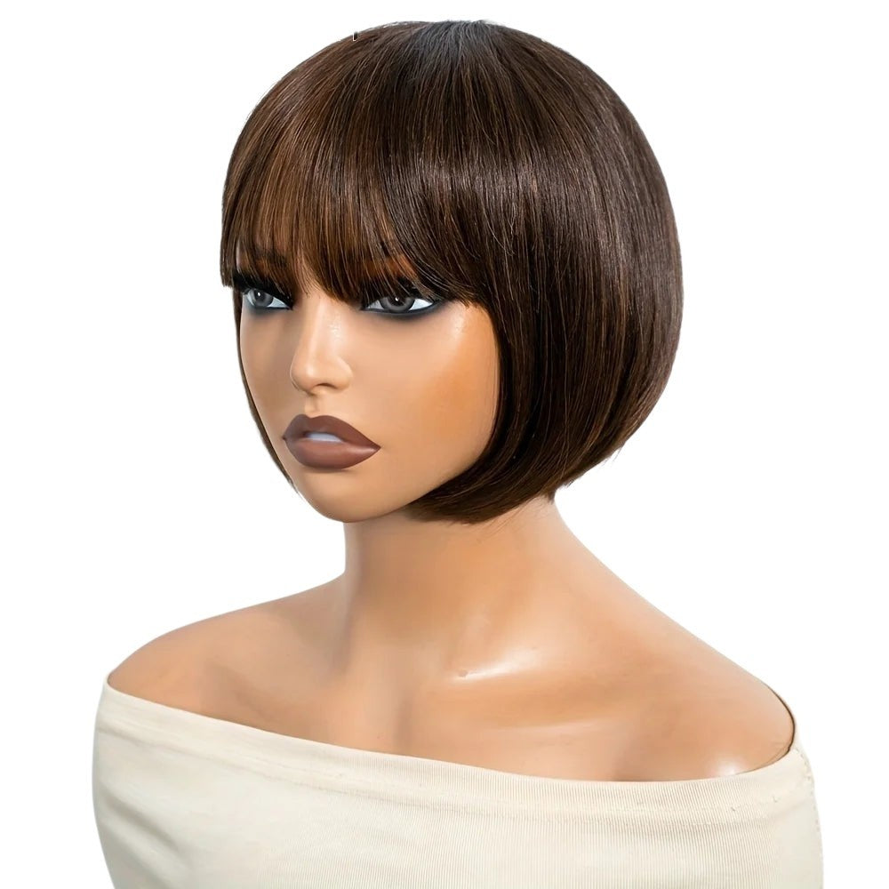 RitzWigs short straight brown human hair bob wig with bangs on a mannequin head