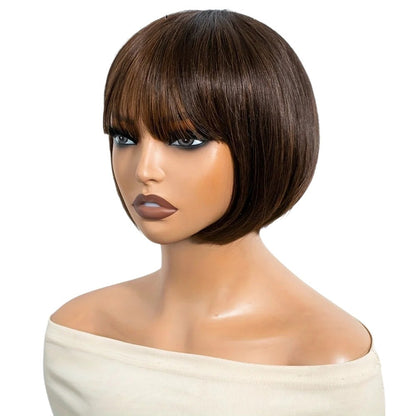 RitzWigs short straight brown human hair bob wig with bangs on a mannequin head