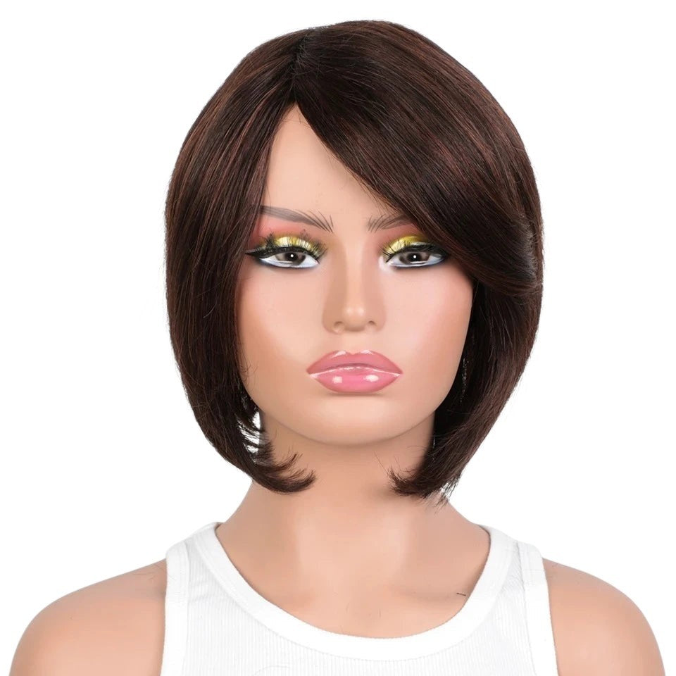 RitzWigs short straight brown bob human hair wig with side-swept bangs on a mannequin head
