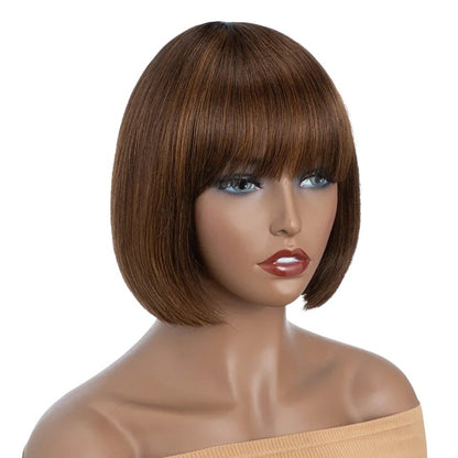 RitzWigs short straight brown bob wig with bangs on a mannequin head, made from Remy human hair.