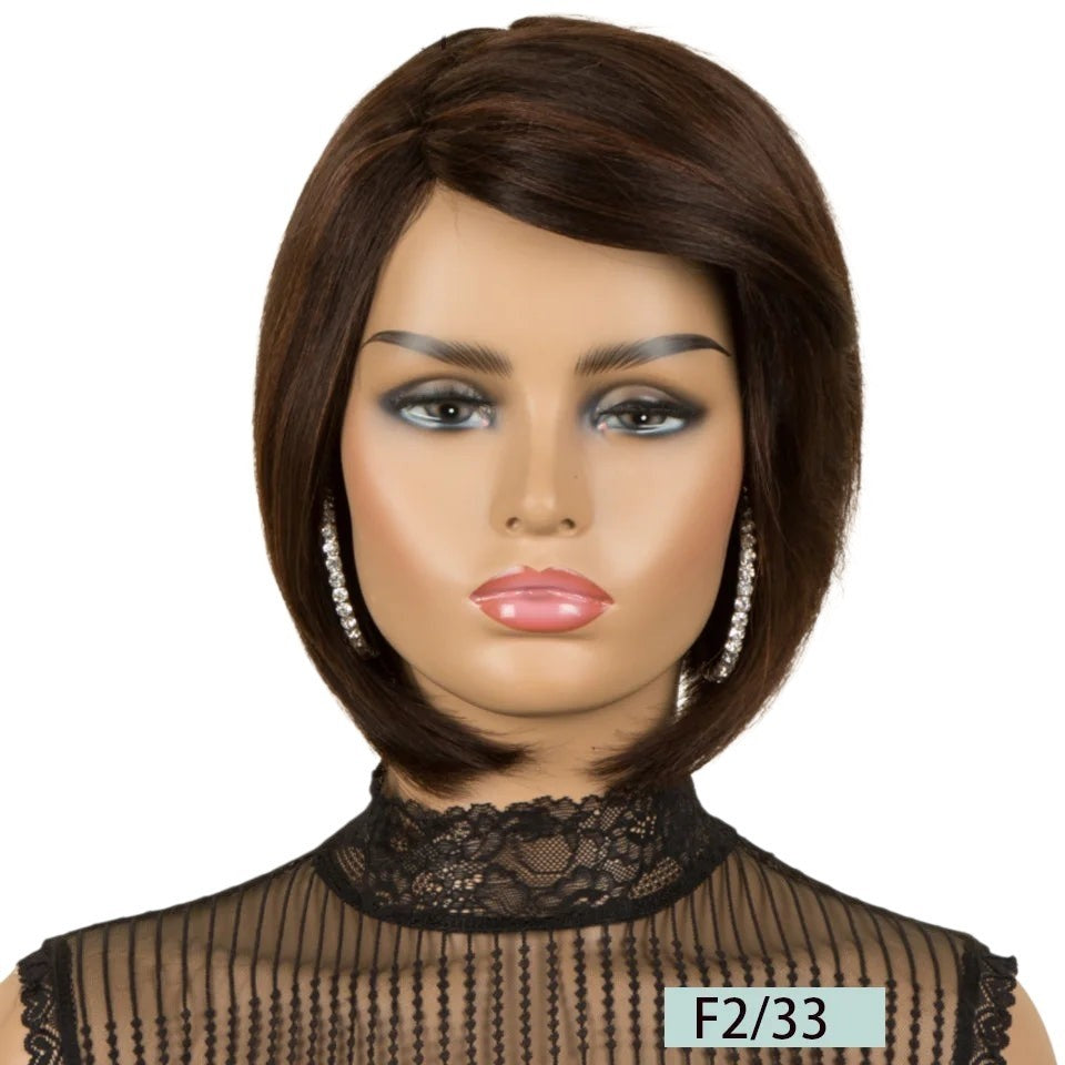 RitzWigs short straight brown pixie bob human hair wig on a mannequin wearing a black lace top