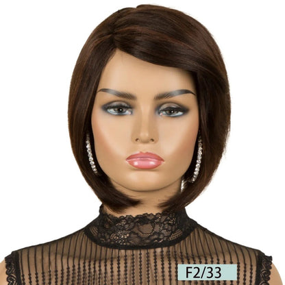 RitzWigs short straight brown pixie bob human hair wig on a mannequin wearing a black lace top
