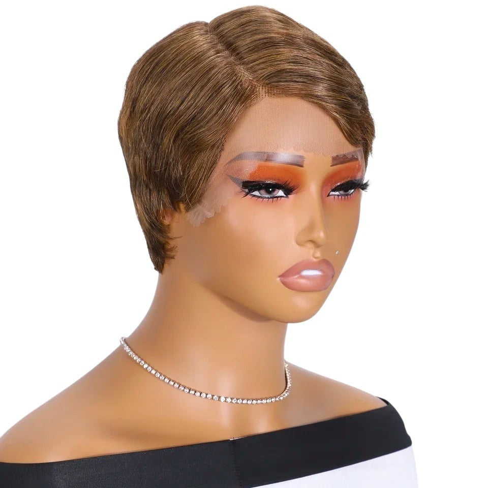 RitzWigs short straight brown pixie cut human hair lace front wig on a mannequin head