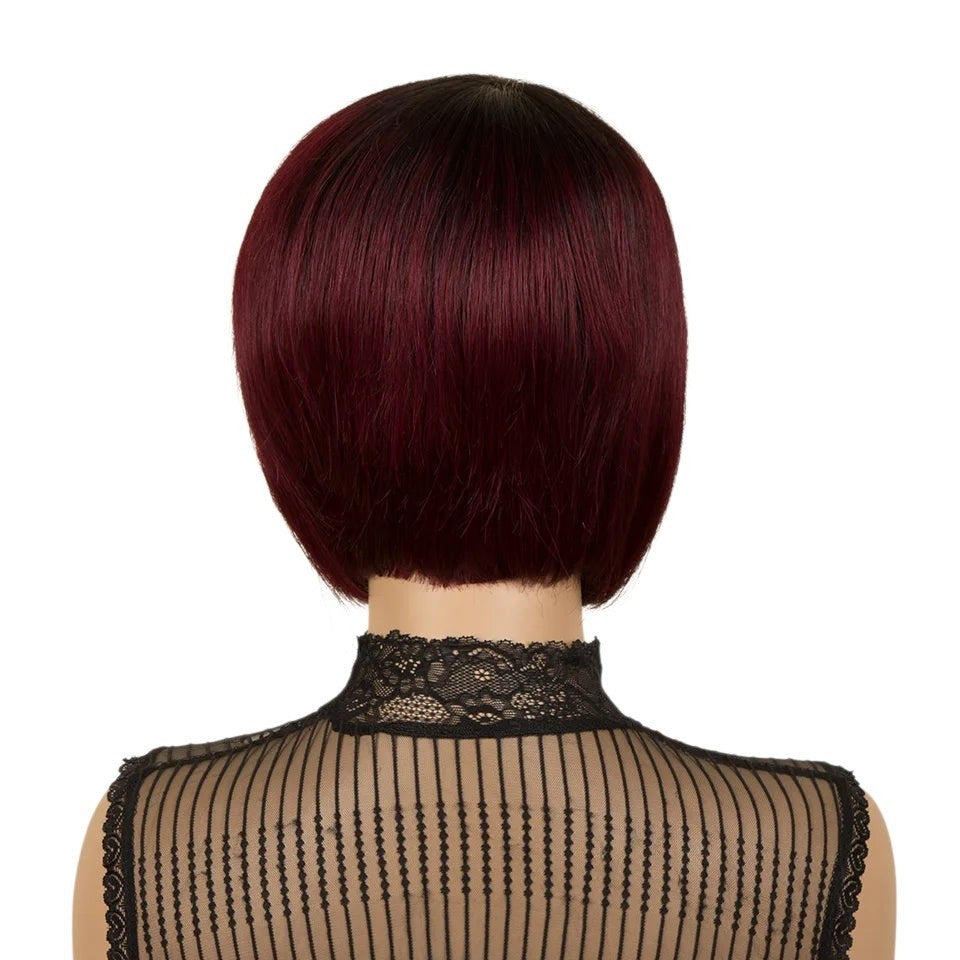 RitzWigs short straight bob wig in deep burgundy red human hair on a mannequin, back view