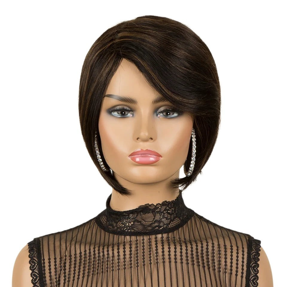 RitzWigs short straight pixie cut bob wig with side part in T1B/350 ginger highlights on a mannequin head