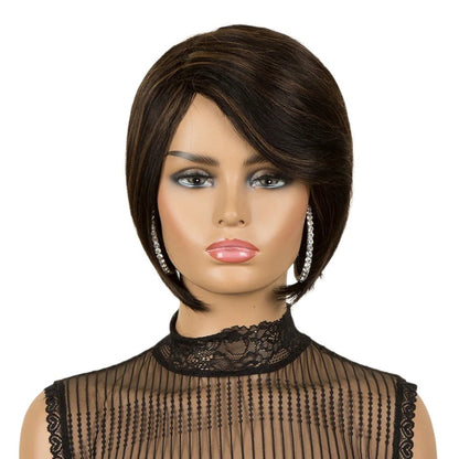 RitzWigs short straight pixie cut bob wig with side part in T1B/350 ginger highlights on a mannequin head