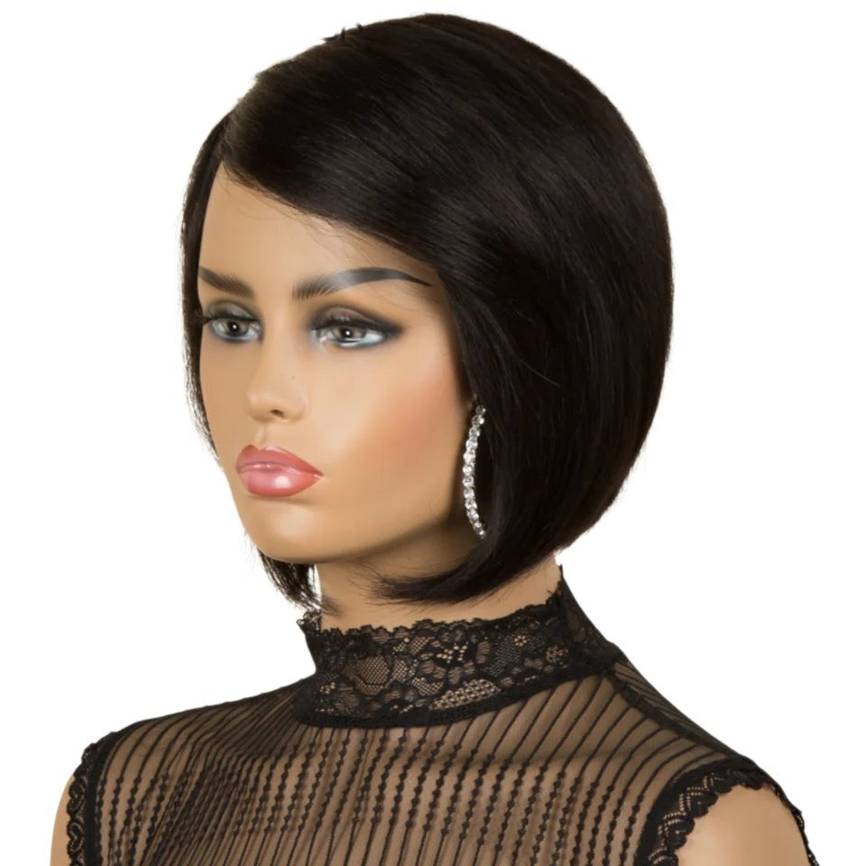 RitzWigs short black straight Brazilian human hair bob wig with side-swept bangs on a mannequin head