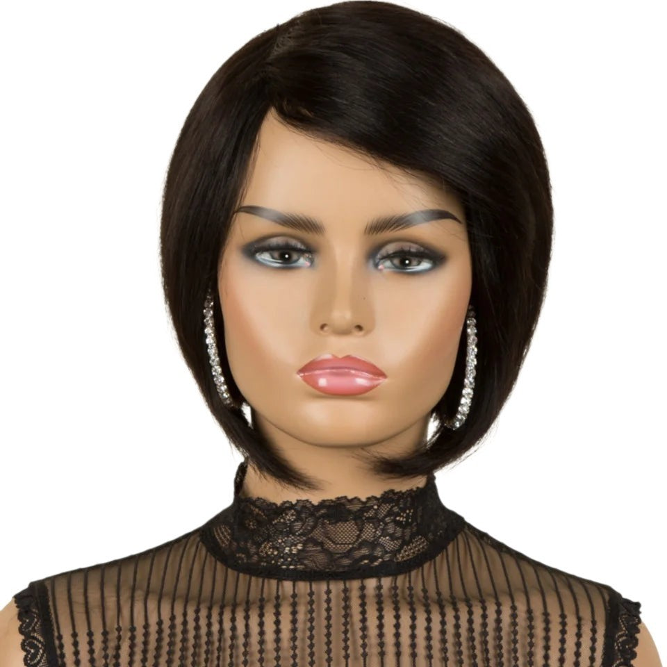 RitzWigs short straight Brazilian human hair bob wig with side-swept bangs on a mannequin head