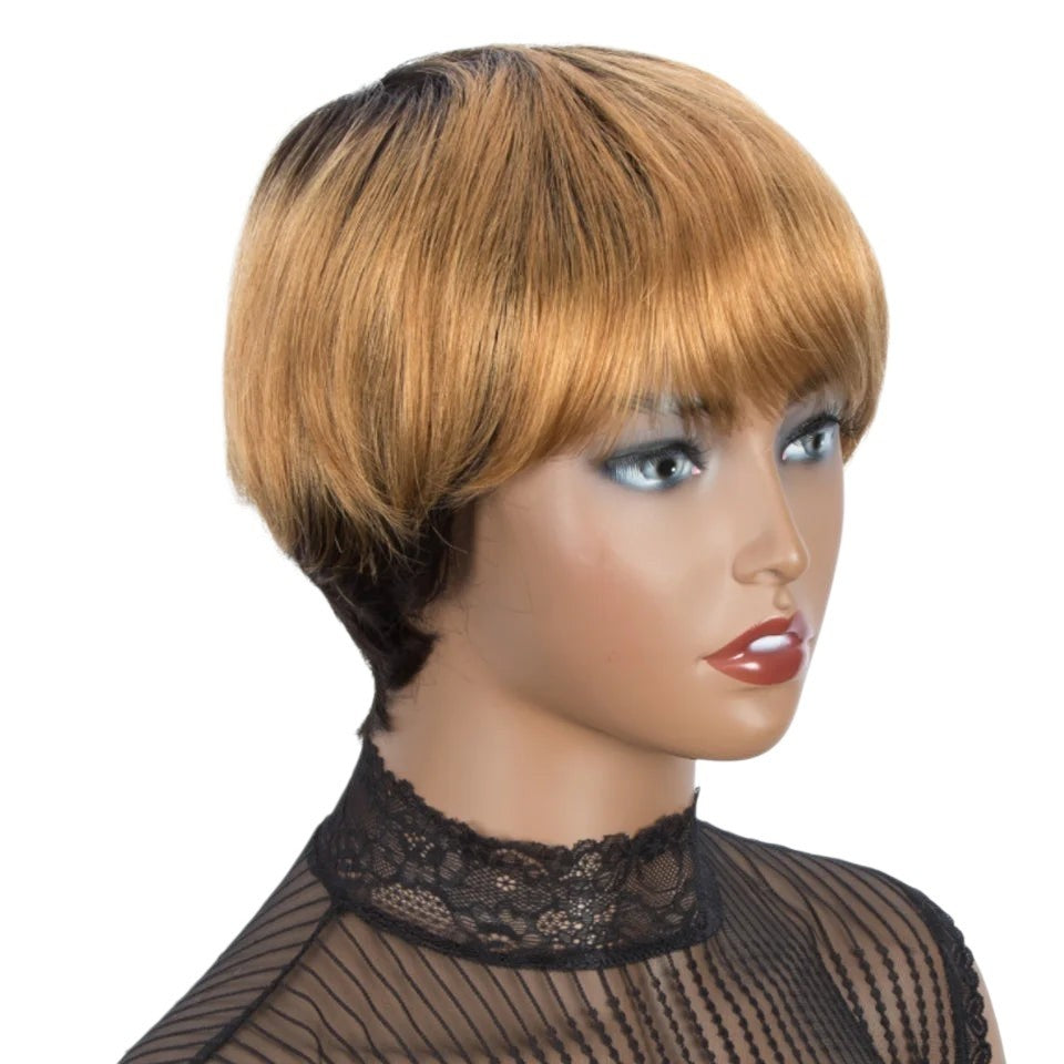 RitzWigs short straight ombre honey blonde human hair wig with bangs on a mannequin head