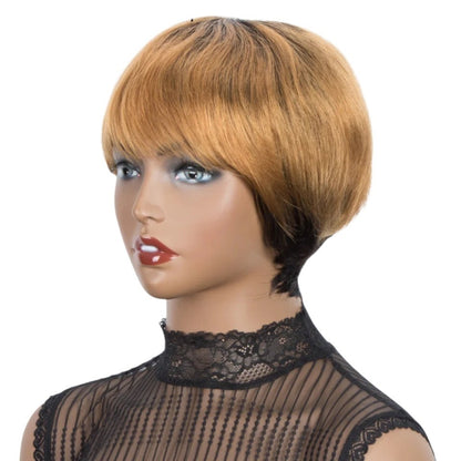 RitzWigs short straight ombre honey blonde human hair wig with bangs on a mannequin head