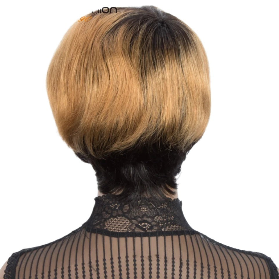 RitzWigs short straight ombre honey blonde human hair wig with dark roots viewed from the back