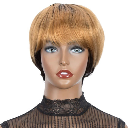 RitzWigs short straight ombre honey blonde human hair wig with bangs on a mannequin head