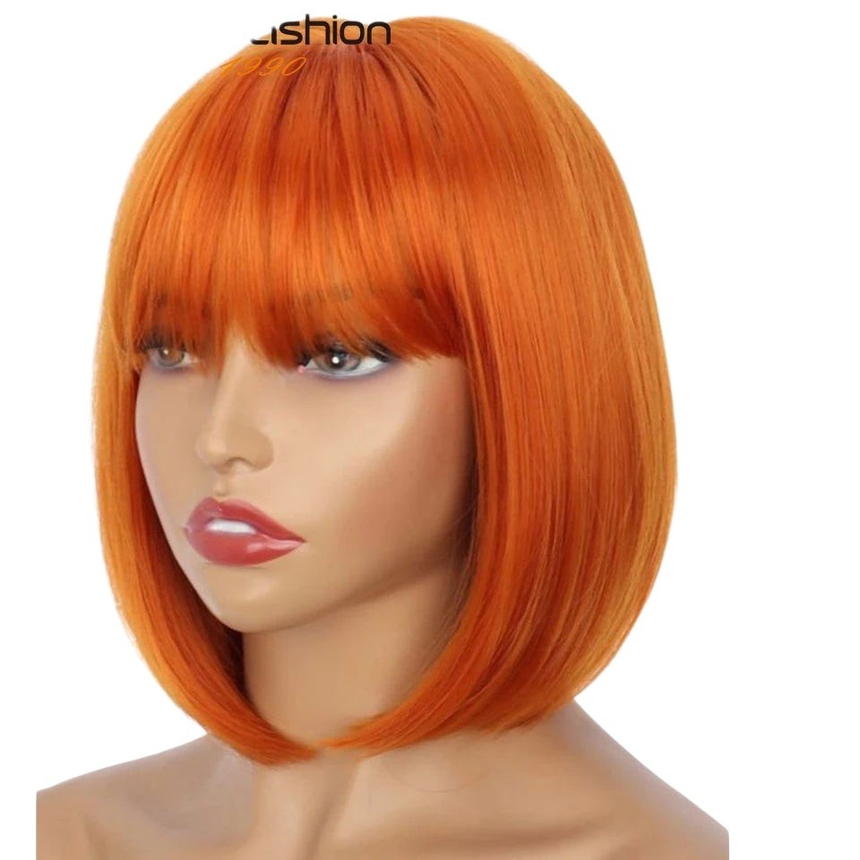 RitzWigs short straight orange bob wig with bangs made from 100% human hair on a mannequin head