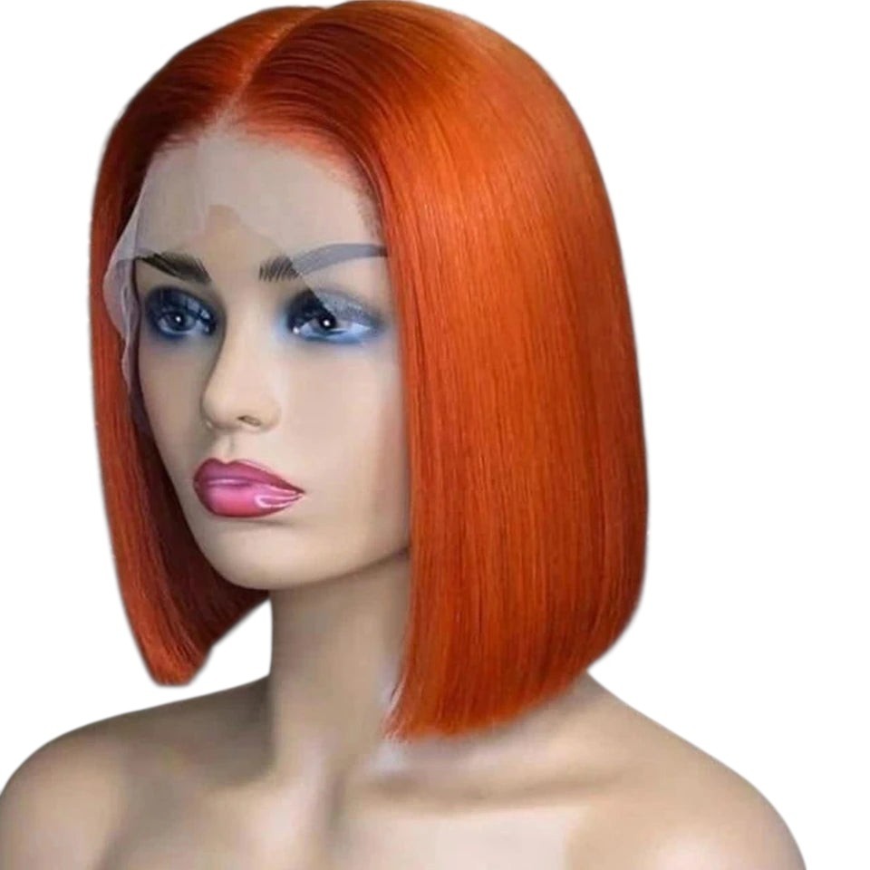 RitzWigs short straight orange bob human hair wig with transparent lace front on a mannequin head