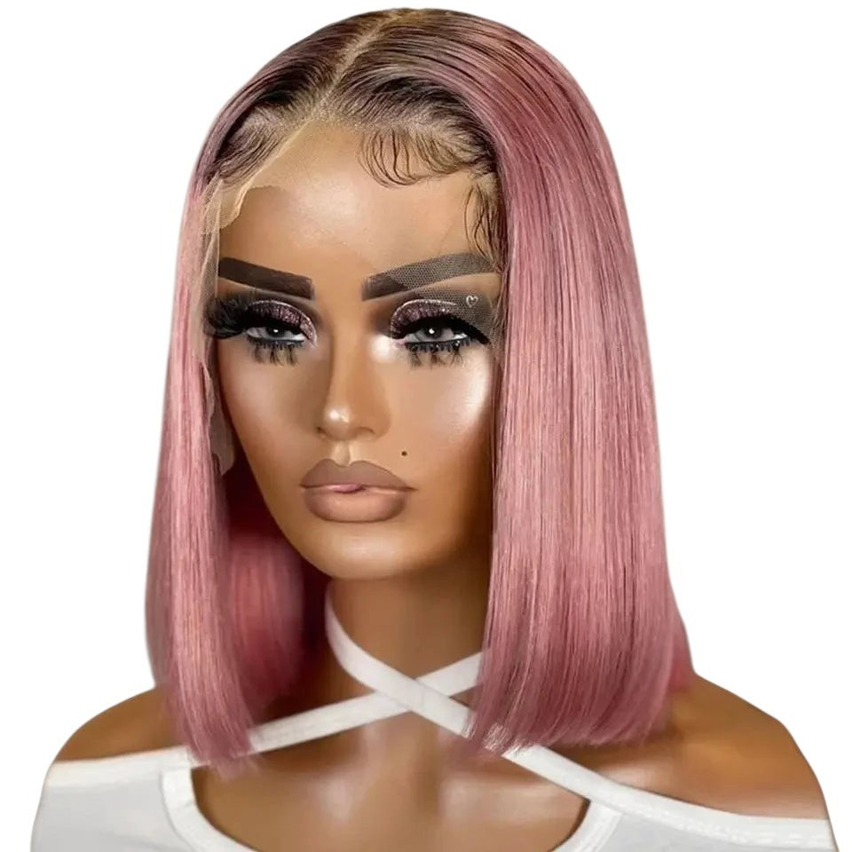 RitzWigs short straight pink bob human hair wig with transparent lace front and middle part on a mannequin