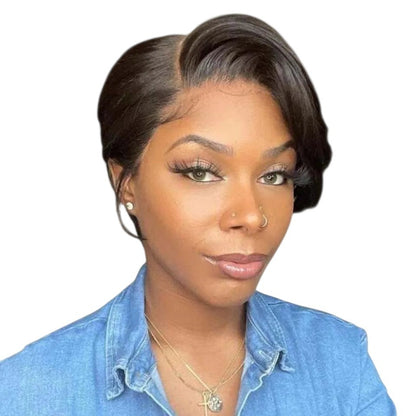 RitzWigs short straight pixie bob human hair lace wig with bangs on a woman with natural dark hair