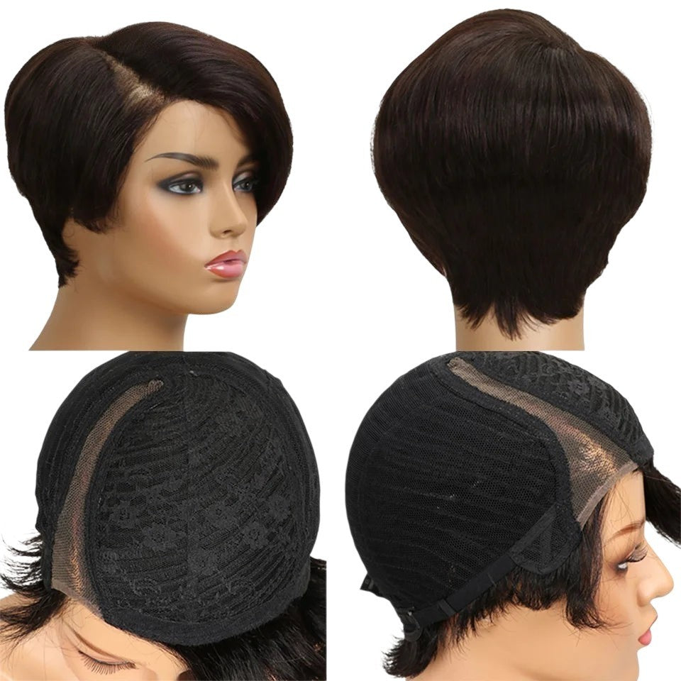 RitzWigs short straight pixie bob human hair wig with T-part lace base and natural dark colour on a mannequin head