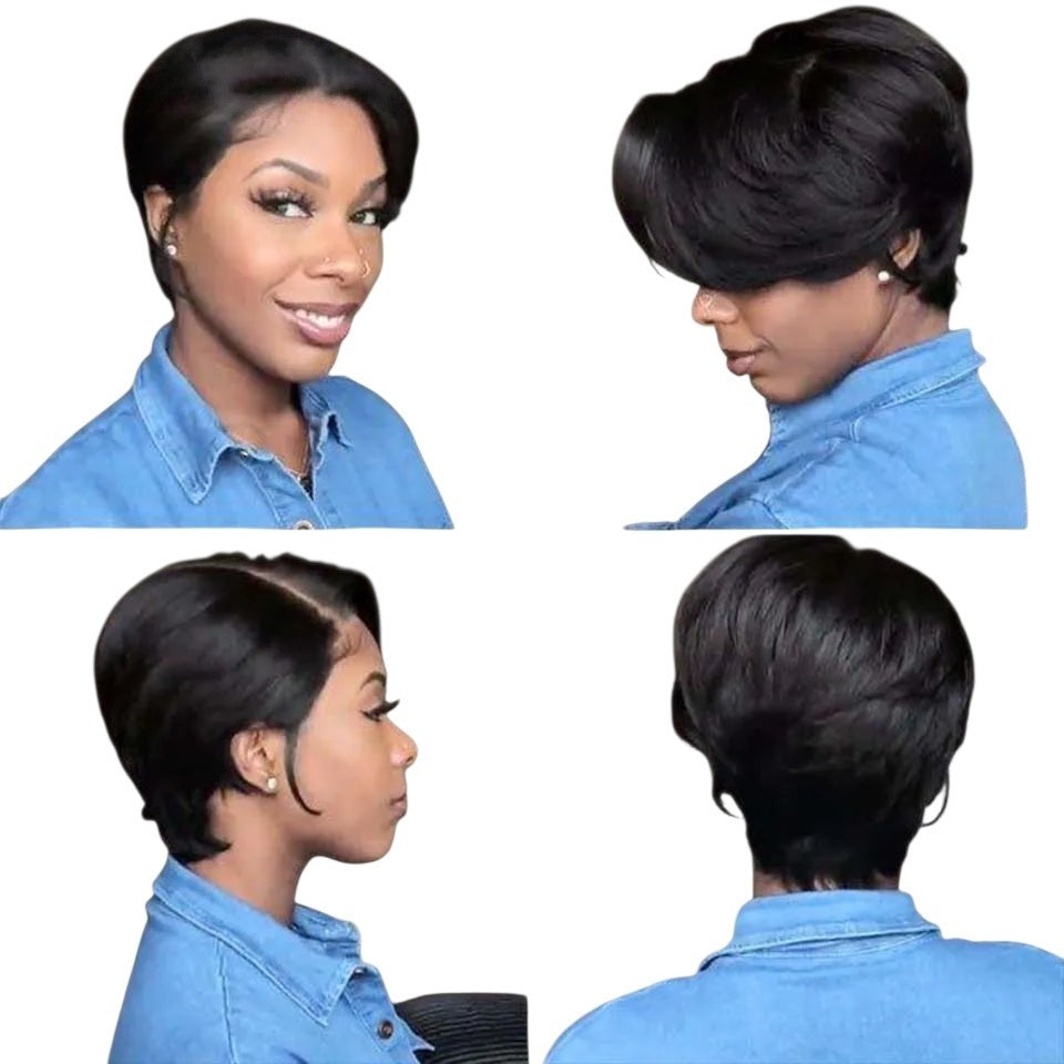 RitzWigs short straight pixie bob human hair lace wig with bangs on a model, shown from multiple angles.
