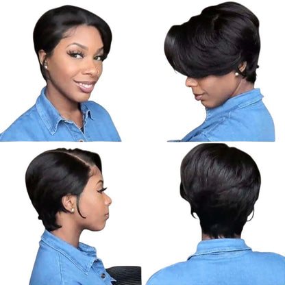 RitzWigs short straight pixie bob human hair lace wig with bangs on a model, shown from multiple angles.