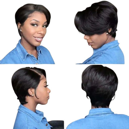 RitzWigs short straight pixie bob human hair wig with bangs and pre-plucked Swiss lace in natural black colour