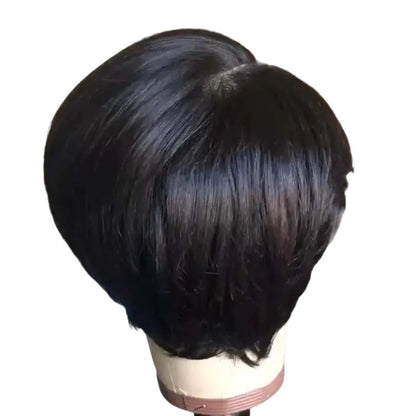 RitzWigs short straight pixie bob human hair wig with bangs on a mannequin head in natural black colour