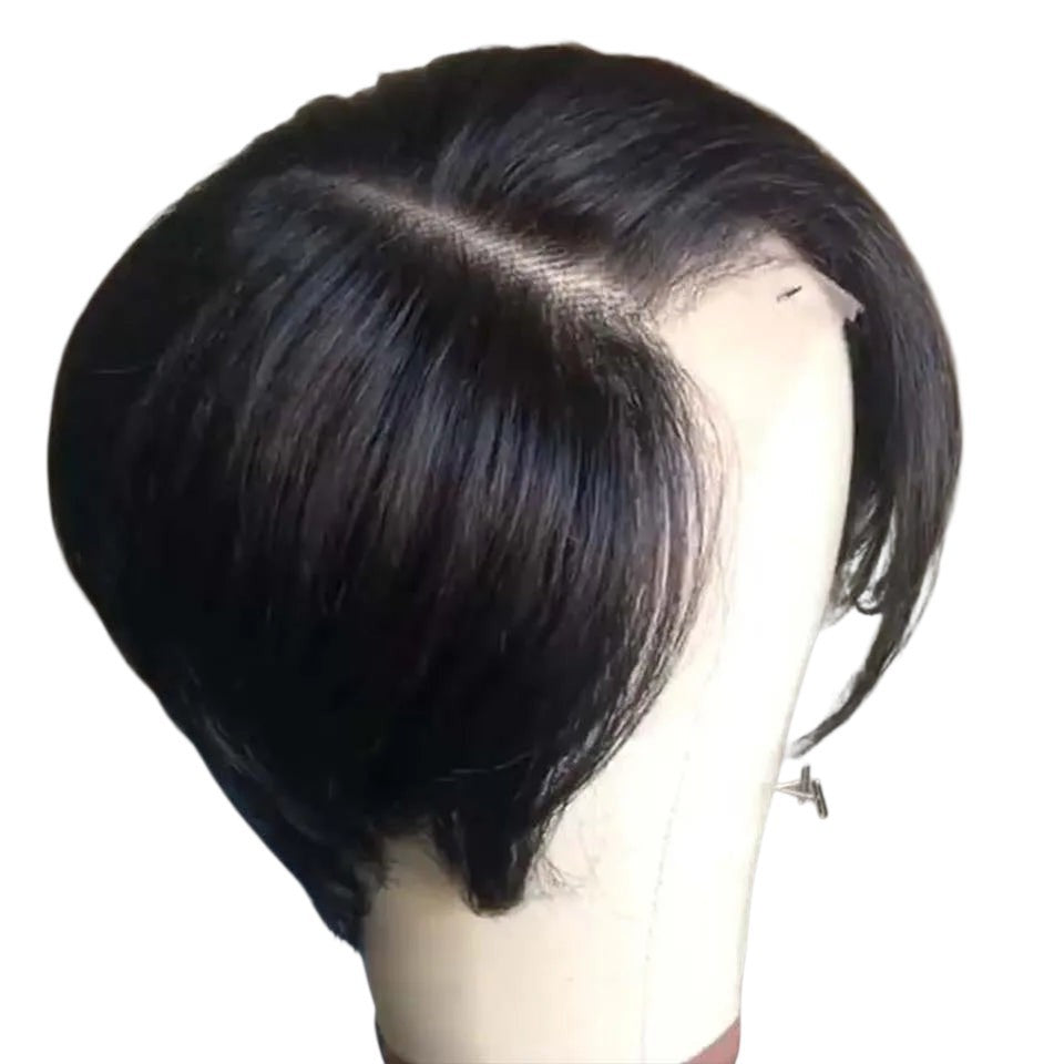 RitzWigs short straight pixie bob human hair wig with T-part lace front and natural black colour on a mannequin head