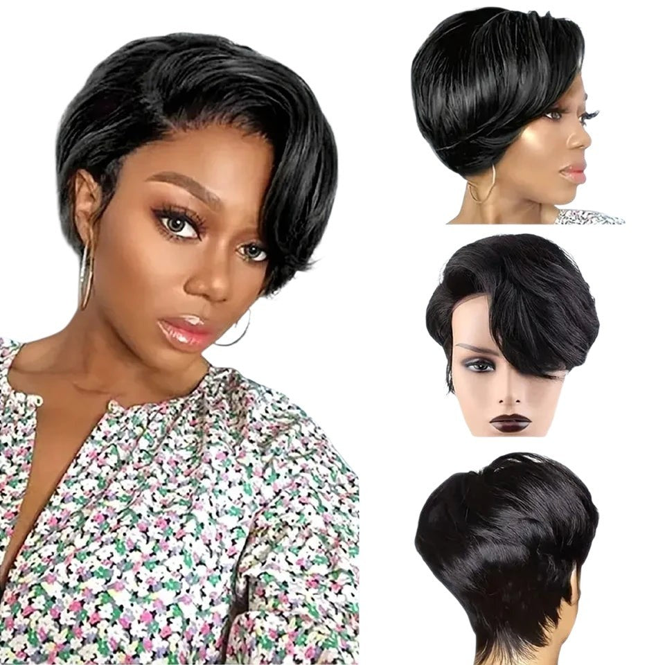RitzWigs short straight pixie bob human hair lace wig with bangs in natural black, shown on a model and mannequin.