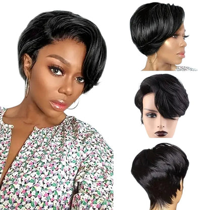 RitzWigs short straight pixie bob human hair lace wig with bangs in natural black, shown on a model and mannequin.