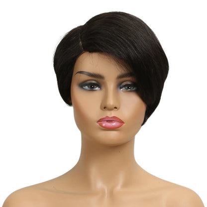 RitzWigs short straight pixie cut bob wig in black human hair on a mannequin head with a side part