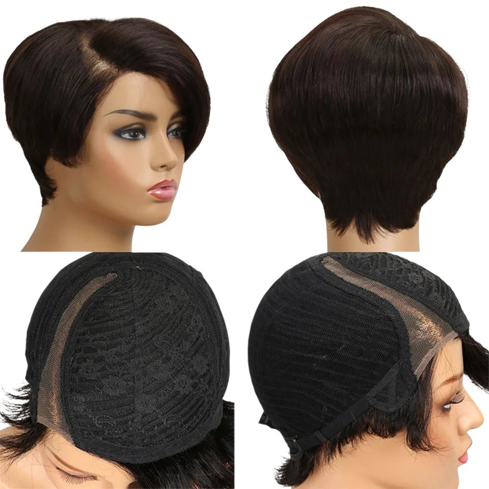 RitzWigs short straight pixie bob human hair wig with T-part lace base on a mannequin head