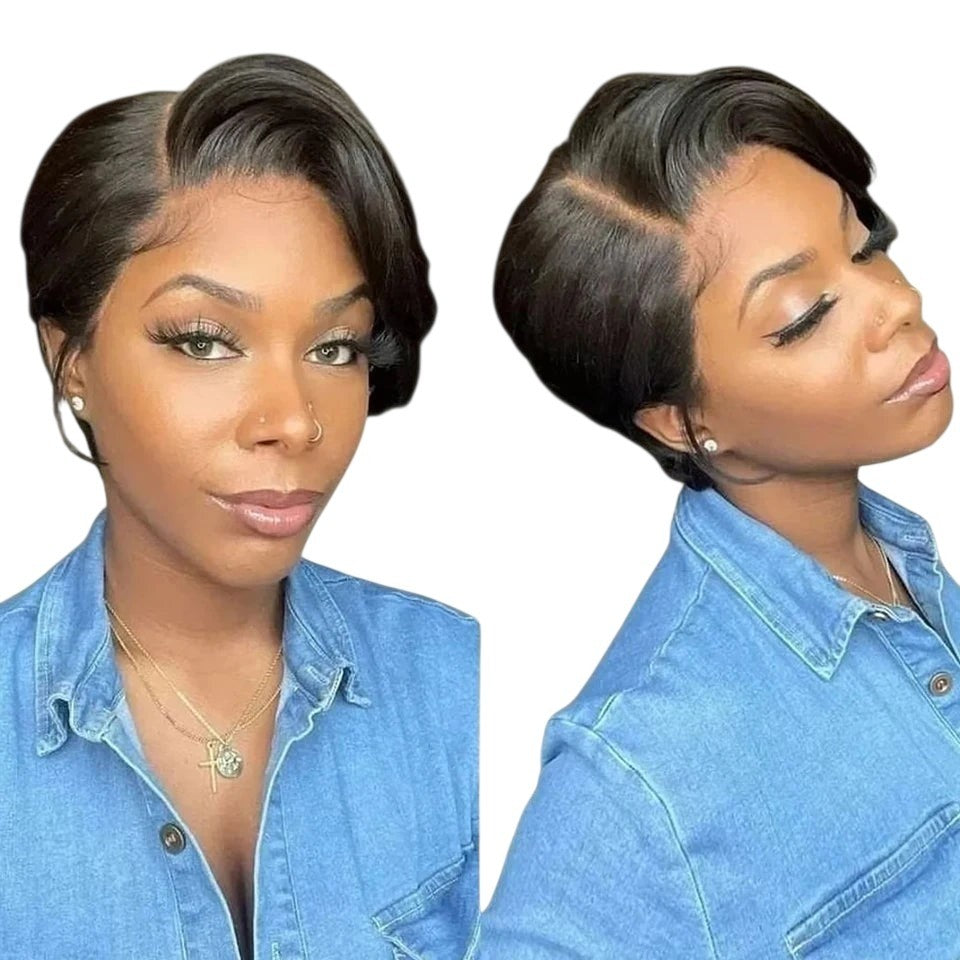 RitzWigs short straight pixie bob lace wig on a model with natural black hair and a side part