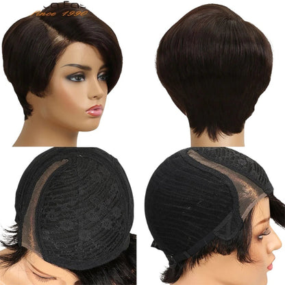 RitzWigs short straight pixie bob human hair wig with C-part lace cap on a mannequin head