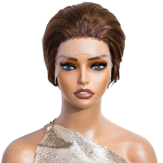 RitzWigs short straight pixie cut lace front human hair wig in P4/30 brown highlights on a mannequin head