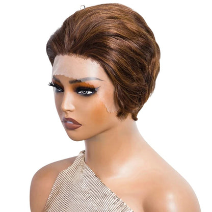 RitzWigs short straight pixie cut lace front human hair wig in a highlighted brown shade on a mannequin head