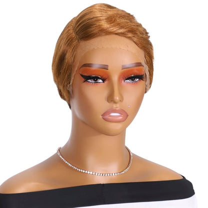 RitzWigs short straight pixie cut human hair wig with transparent lace front on a mannequin head