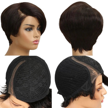 RitzWigs short straight pixie cut human hair wig with C-part lace base on a mannequin head