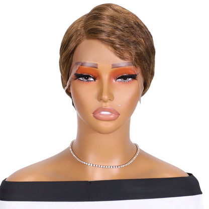 RitzWigs short straight pixie cut human hair wig with transparent lace front on a mannequin head