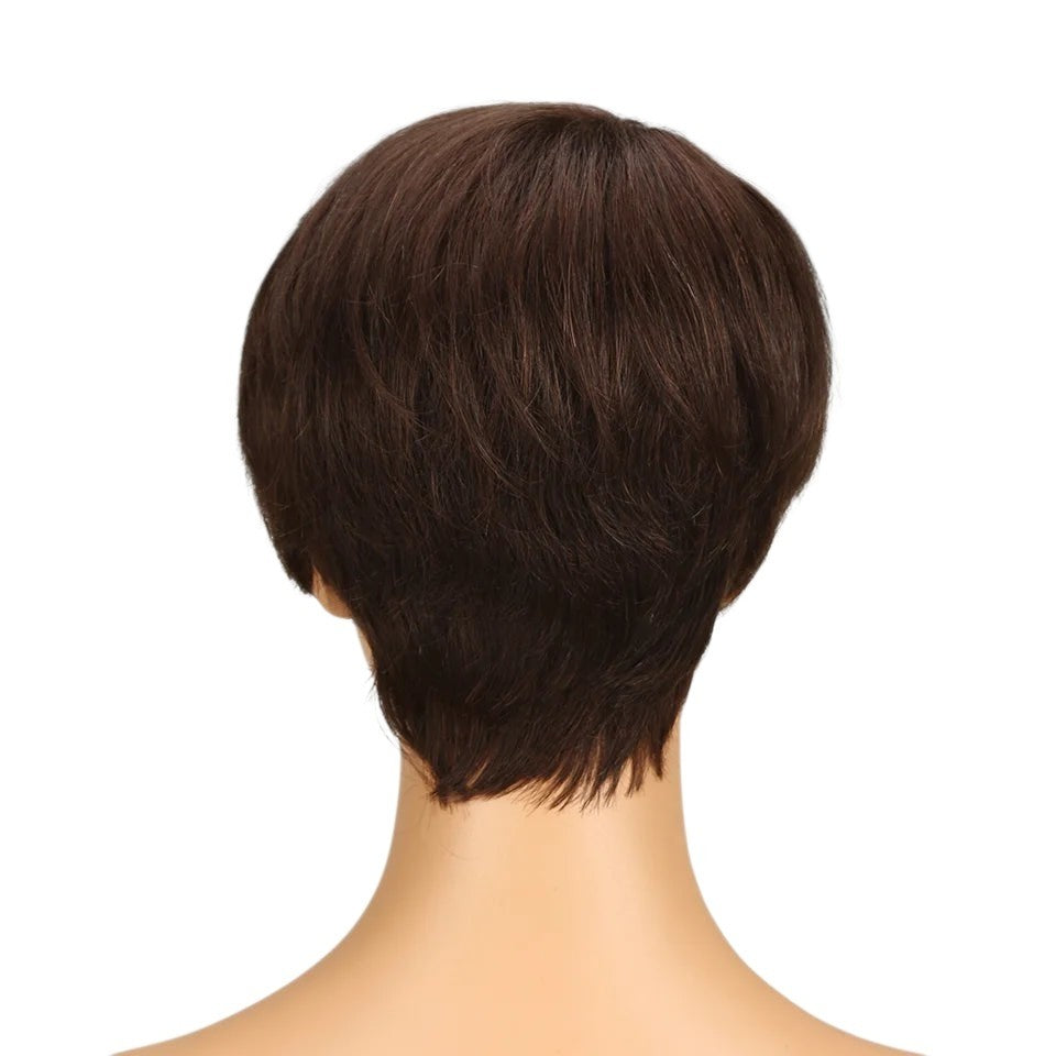 RitzWigs short straight pixie cut human hair wig in natural black, back view on a mannequin head