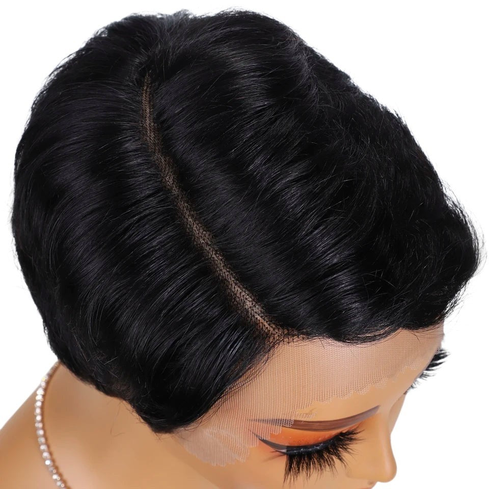 RitzWigs short straight black pixie cut human hair wig with transparent lace front on a mannequin head