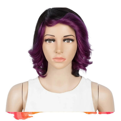 RitzWigs short wavy bob wig in black with purple highlights on a mannequin head