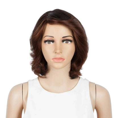 RitzWigs short wavy brown bob wig on a mannequin head, featuring a natural layered cut and side-part style.
